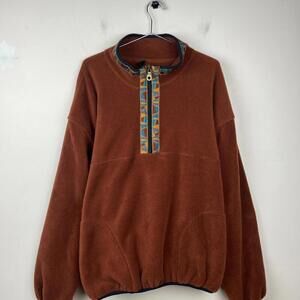 Woolrich Fleece Pullover XXL Brown USA Made Aztec Trim Vintage 90s Jacket Warm